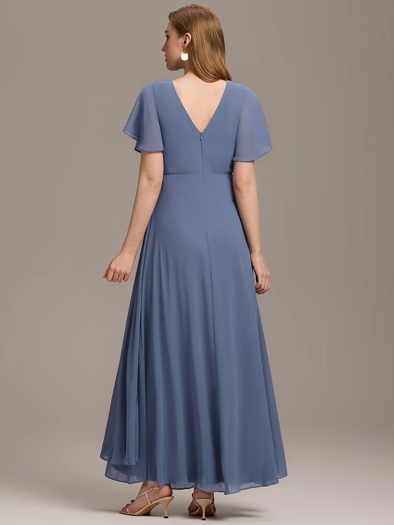ever LINDEN|Robe de demoiselle d'honneur taille haute en mousseline de soie col en V fente haute manches à volants