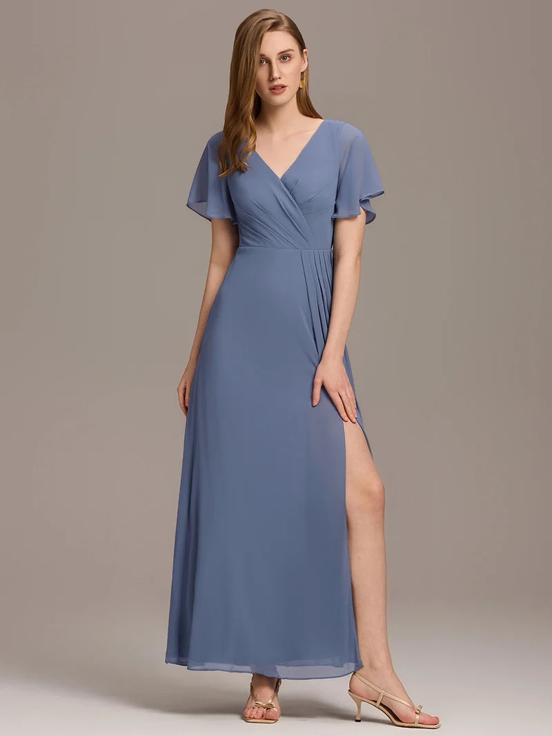 ever LINDEN|Robe de demoiselle d'honneur taille haute en mousseline de soie col en V fente haute manches à volants