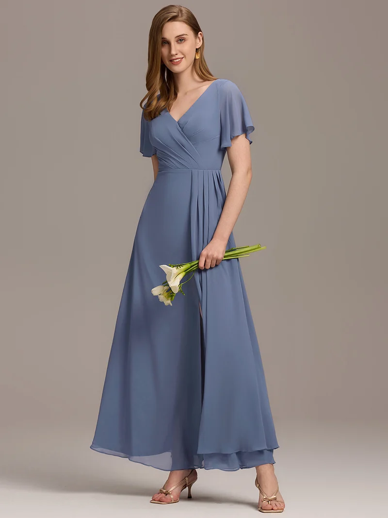 ever LINDEN|Robe de demoiselle d'honneur taille haute en mousseline de soie col en V fente haute manches à volants