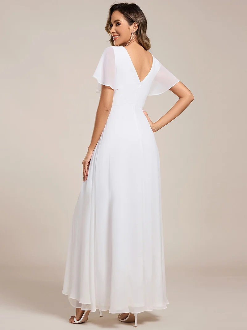 ever LINDEN|Robe de demoiselle d'honneur taille haute en mousseline de soie col en V fente haute manches à volants