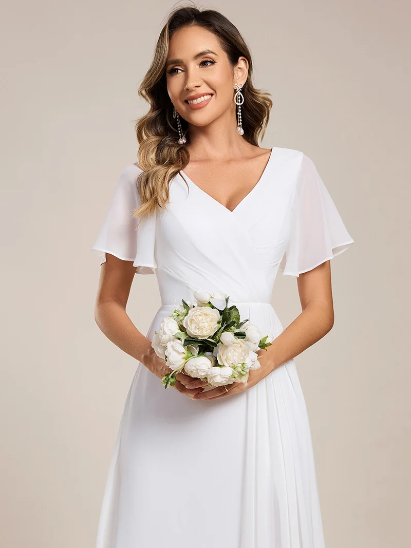 ever LINDEN|Robe de demoiselle d'honneur taille haute en mousseline de soie col en V fente haute manches à volants