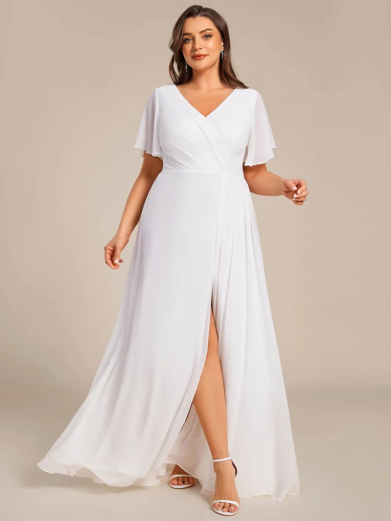 ever LINDEN|Robe de demoiselle d'honneur taille haute en mousseline de soie col en V fente haute manches à volants
