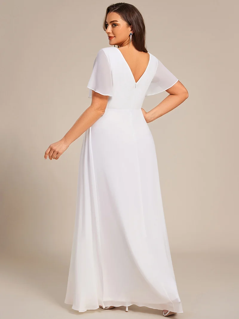 ever LINDEN|Robe de demoiselle d'honneur taille haute en mousseline de soie col en V fente haute manches à volants