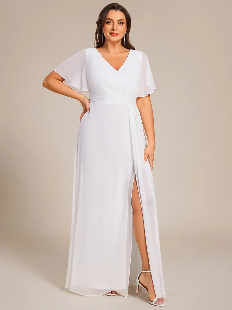ever LINDEN|Robe de demoiselle d'honneur taille haute en mousseline de soie col en V fente haute manches à volants