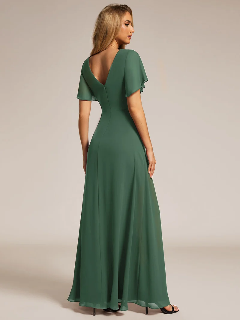 ever LINDEN|Robe de demoiselle d'honneur taille haute en mousseline de soie col en V fente haute manches à volants