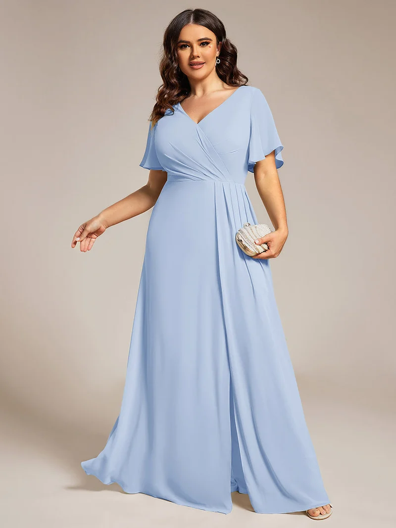 ever LINDEN|Robe de demoiselle d'honneur taille haute en mousseline de soie col en V fente haute manches à volants