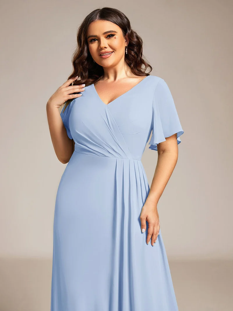 ever LINDEN|Robe de demoiselle d'honneur taille haute en mousseline de soie col en V fente haute manches à volants