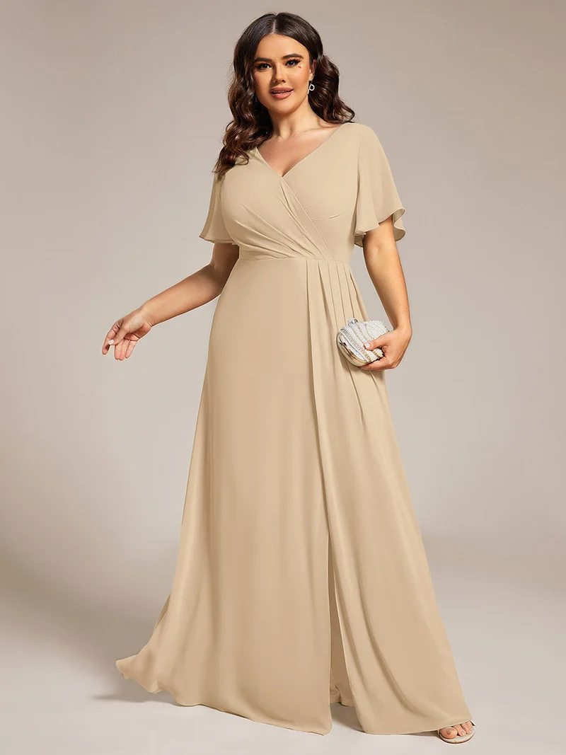 ever LINDEN|Robe de demoiselle d'honneur taille haute en mousseline de soie col en V fente haute manches à volants