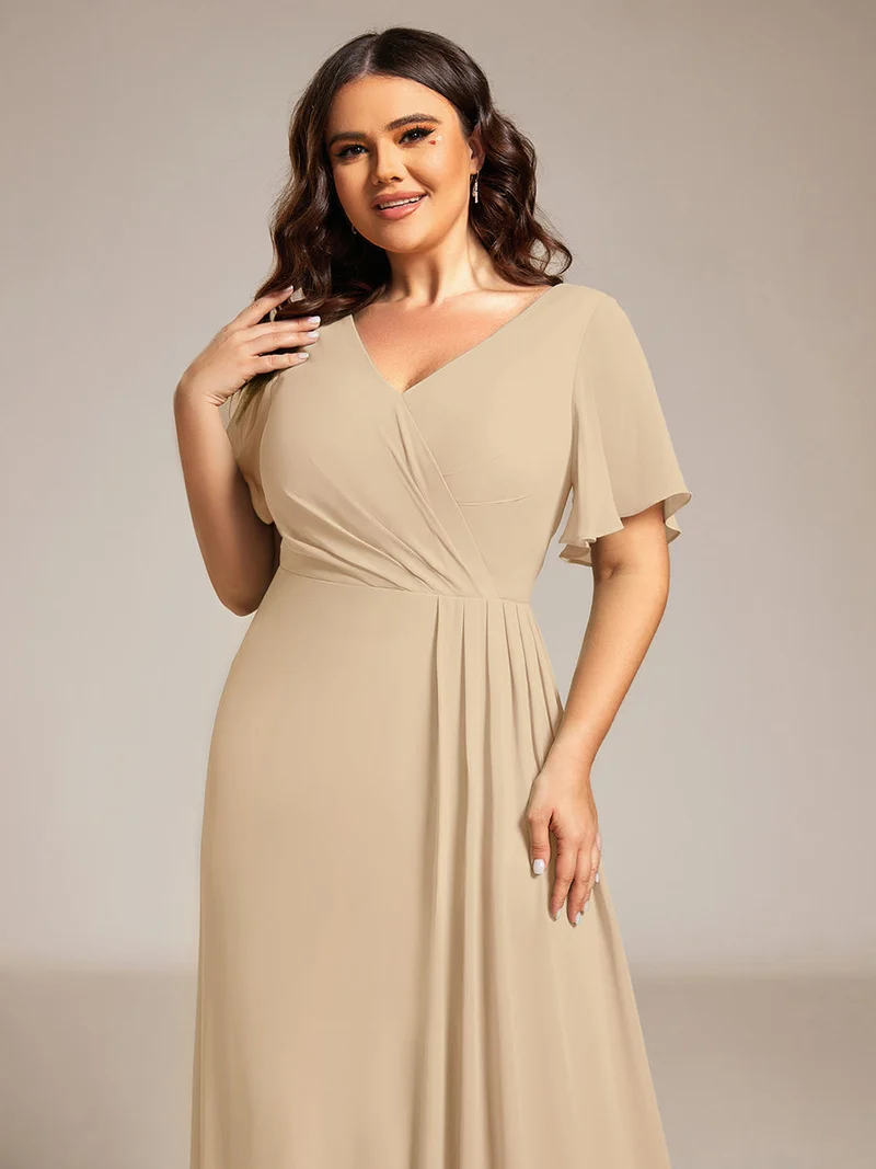 ever LINDEN|Robe de demoiselle d'honneur taille haute en mousseline de soie col en V fente haute manches à volants