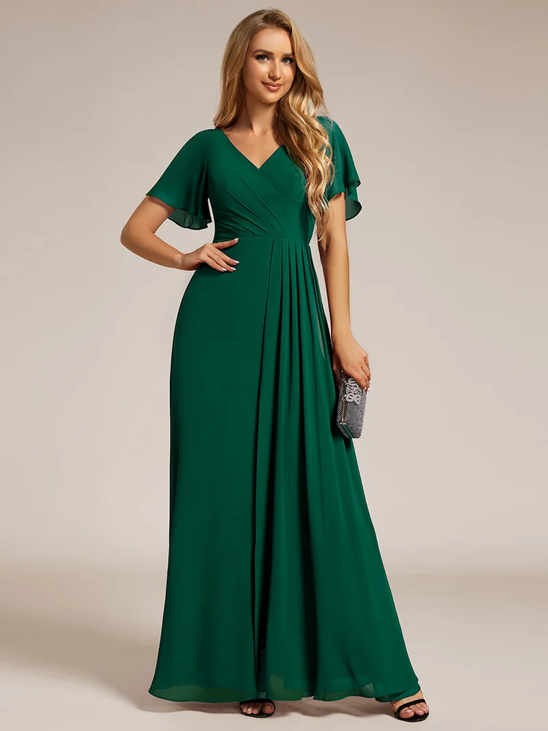 ever LINDEN|Robe de demoiselle d'honneur taille haute en mousseline de soie col en V fente haute manches à volants