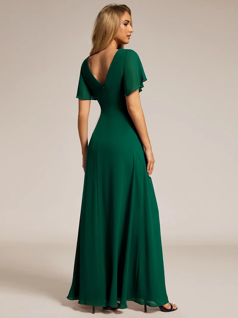 ever LINDEN|Robe de demoiselle d'honneur taille haute en mousseline de soie col en V fente haute manches à volants