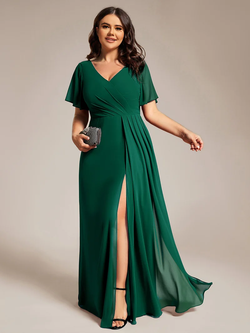 ever LINDEN|Robe de demoiselle d'honneur taille haute en mousseline de soie col en V fente haute manches à volants