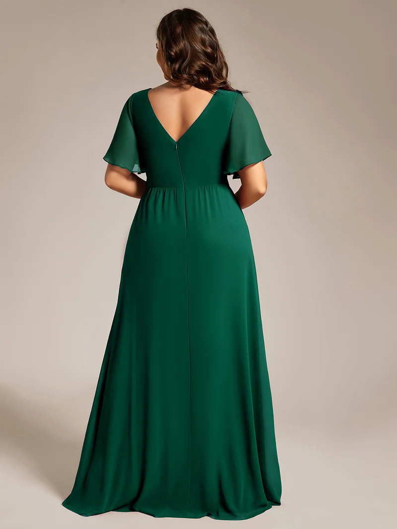 ever LINDEN|Robe de demoiselle d'honneur taille haute en mousseline de soie col en V fente haute manches à volants
