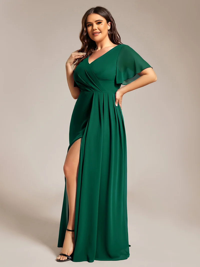 ever LINDEN|Robe de demoiselle d'honneur taille haute en mousseline de soie col en V fente haute manches à volants