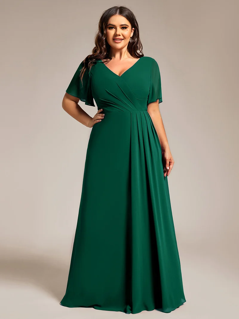 ever LINDEN|Robe de demoiselle d'honneur taille haute en mousseline de soie col en V fente haute manches à volants