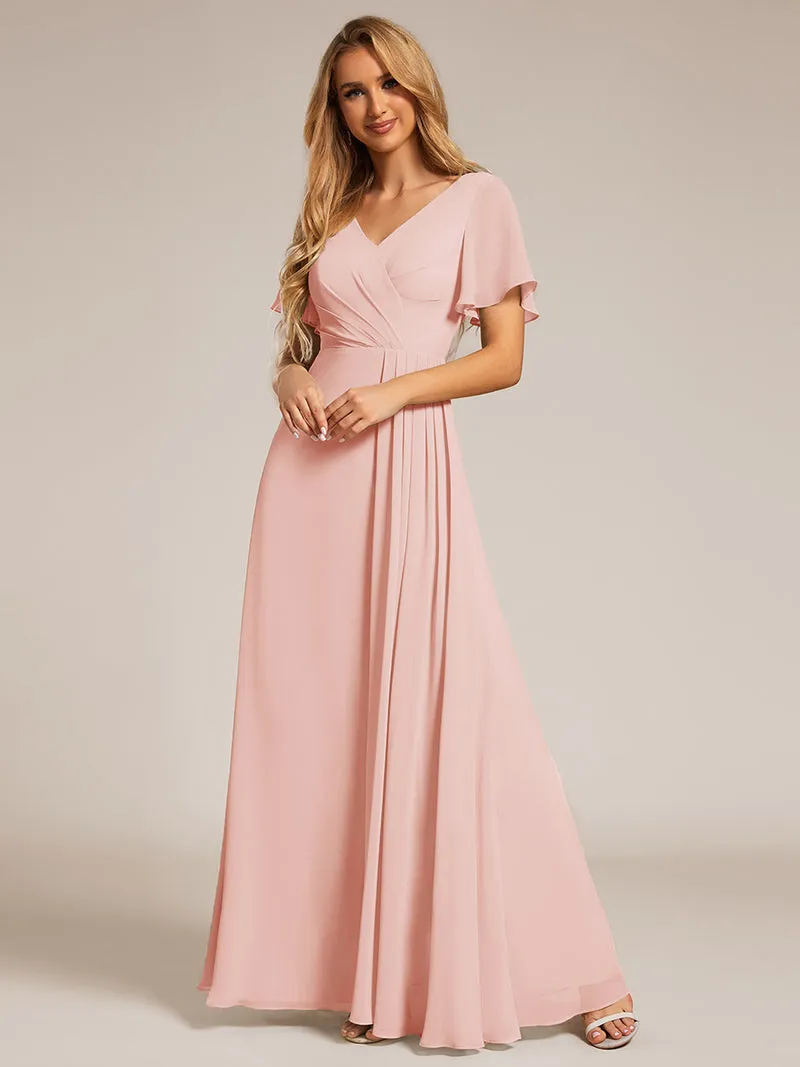 ever LINDEN|Robe de demoiselle d'honneur taille haute en mousseline de soie col en V fente haute manches à volants