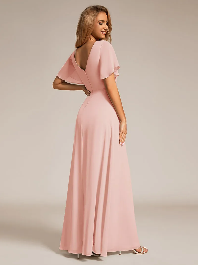 ever LINDEN|Robe de demoiselle d'honneur taille haute en mousseline de soie col en V fente haute manches à volants