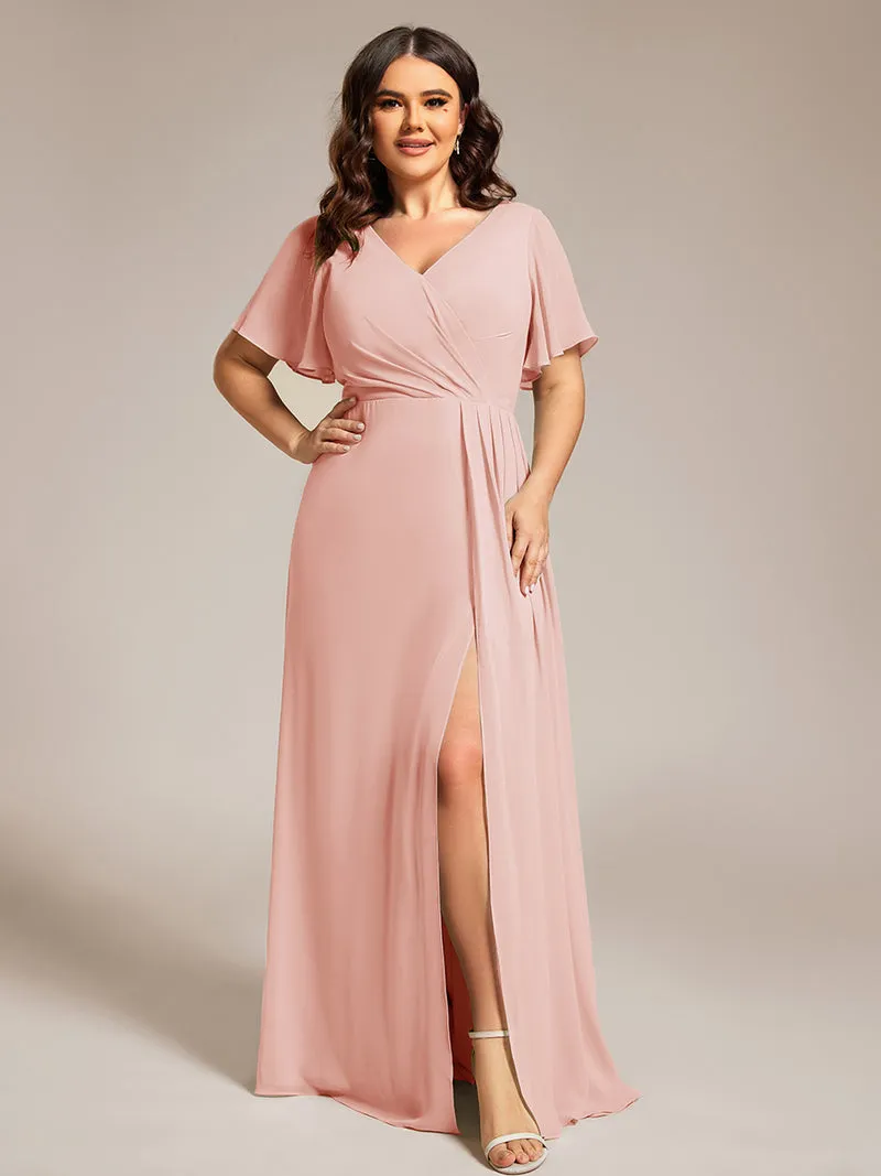 ever LINDEN|Robe de demoiselle d'honneur taille haute en mousseline de soie col en V fente haute manches à volants