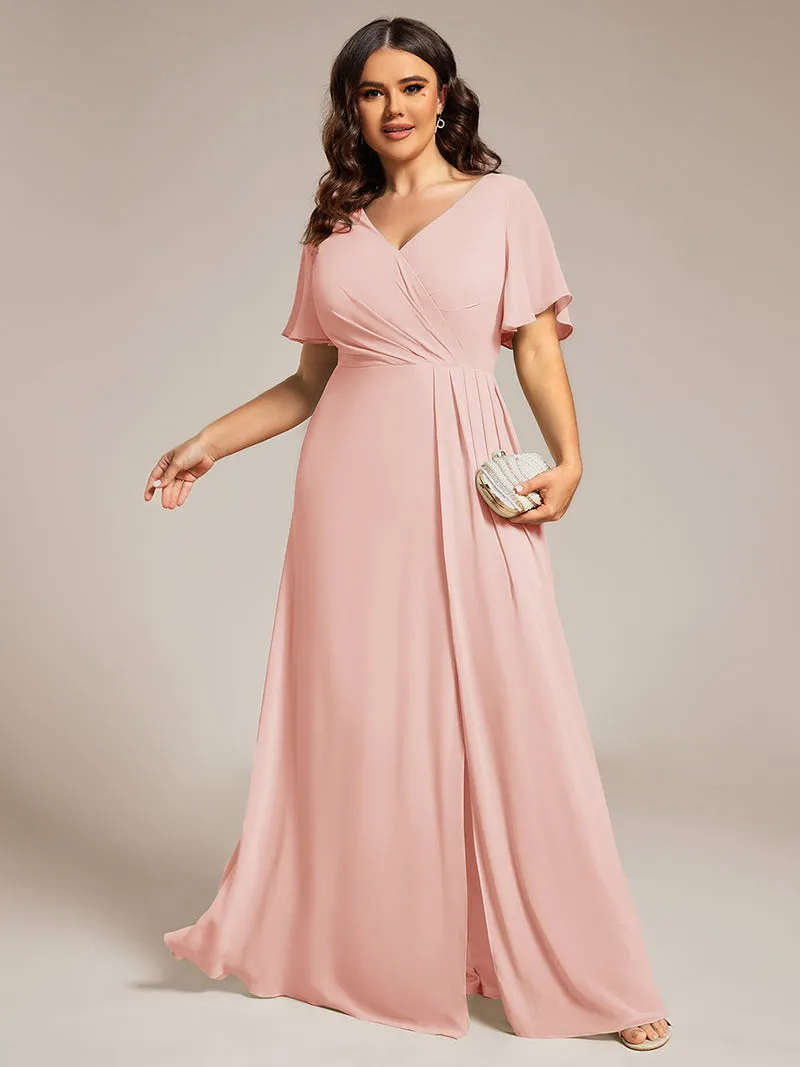 ever LINDEN|Robe de demoiselle d'honneur taille haute en mousseline de soie col en V fente haute manches à volants
