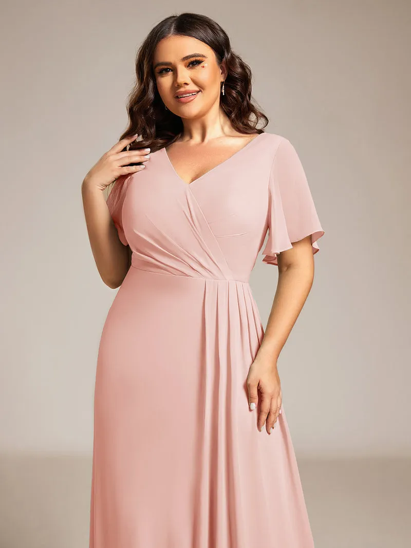 ever LINDEN|Robe de demoiselle d'honneur taille haute en mousseline de soie col en V fente haute manches à volants