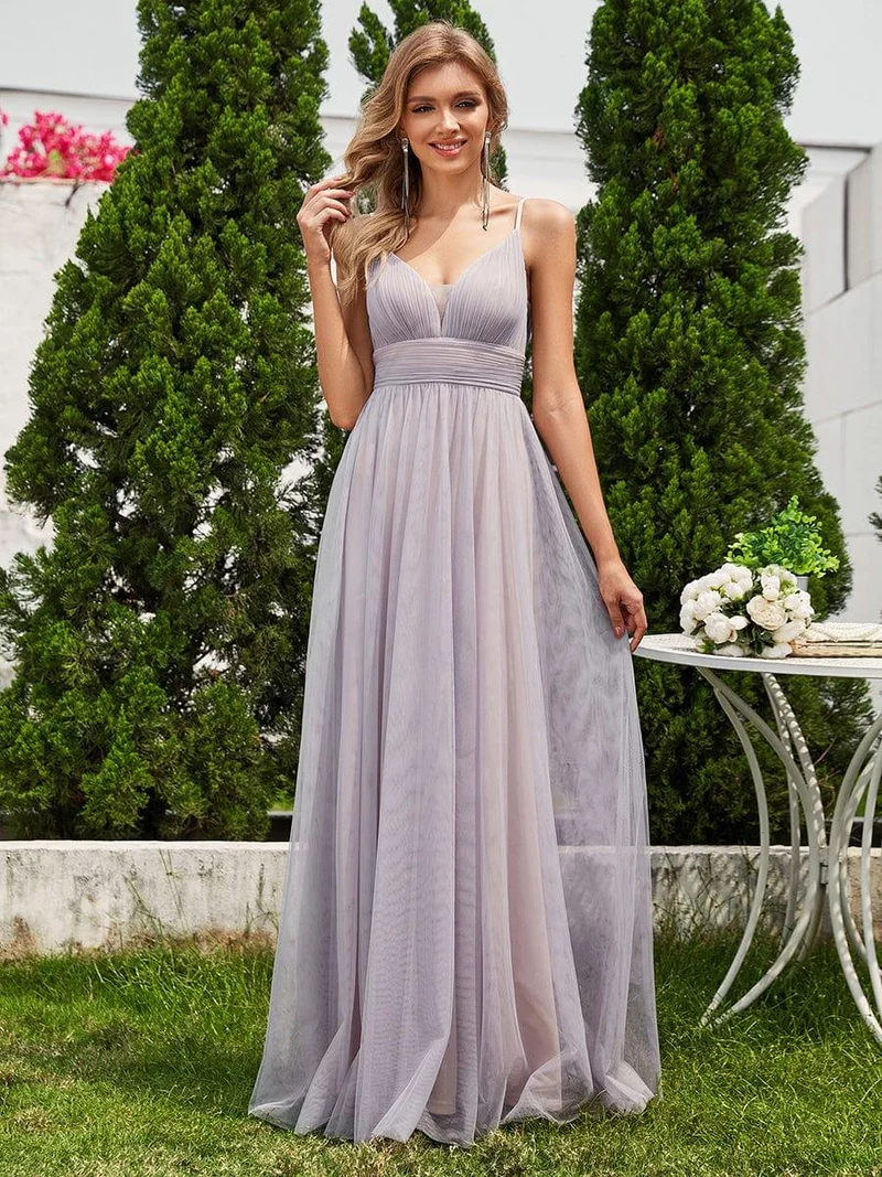 Robe de demoiselle d'honneur plissée sans manches dos nu col en V transparent