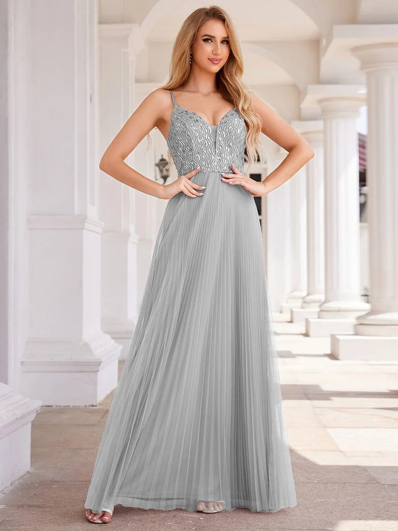 Robe de soirée en tulle à paillettes col en V sans manches dos nu taille haute(Vente finale)