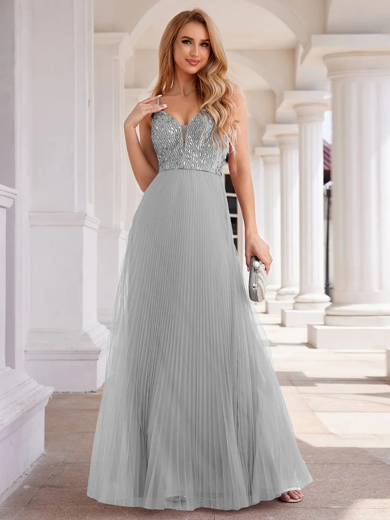Robe de soirée en tulle à paillettes col en V sans manches dos nu taille haute(Vente finale)