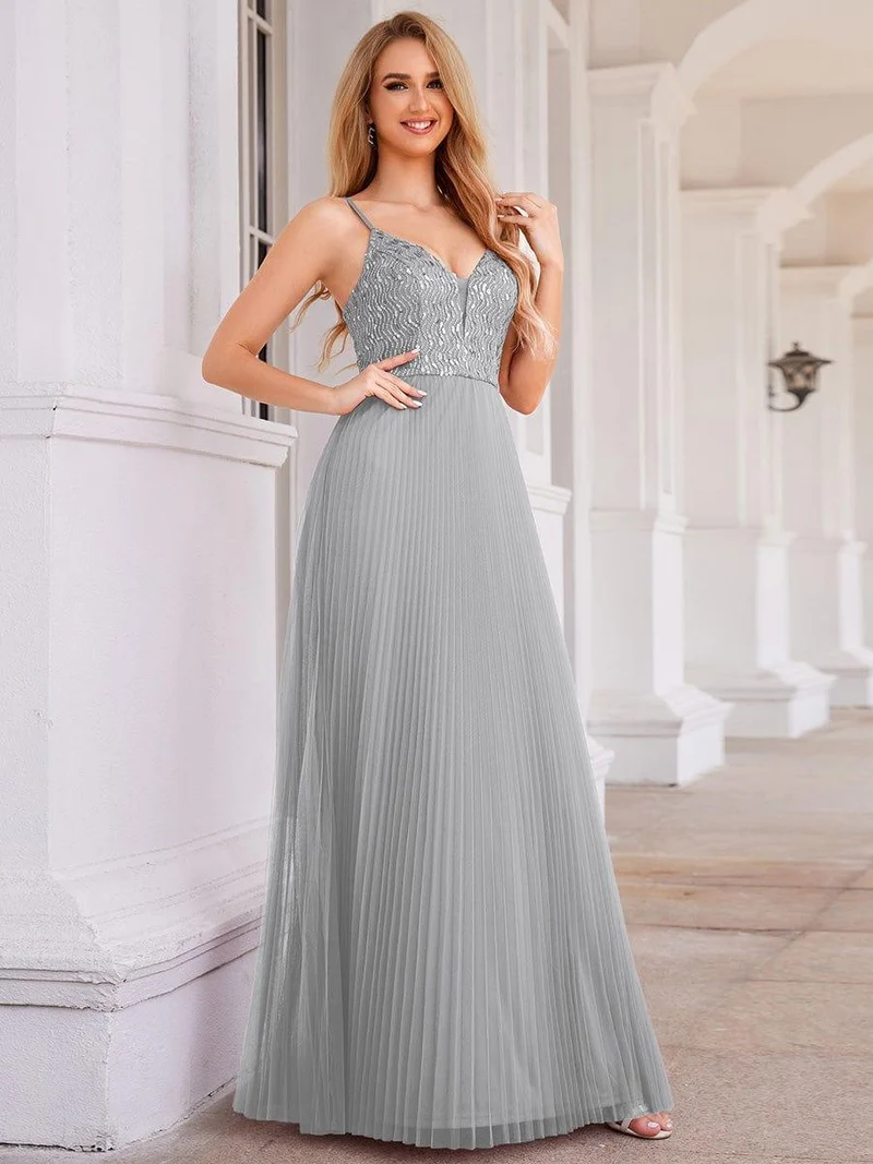 Robe de soirée en tulle à paillettes col en V sans manches dos nu taille haute(Vente finale)