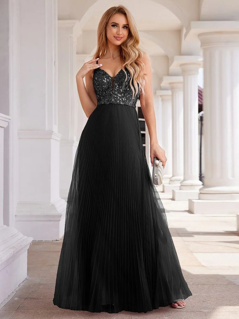 Robe de soirée en tulle à paillettes col en V sans manches dos nu taille haute(Vente finale)