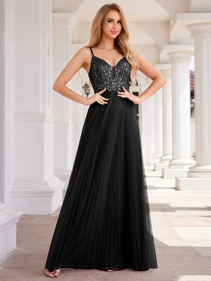 Robe de soirée en tulle à paillettes col en V sans manches dos nu taille haute(Vente finale)