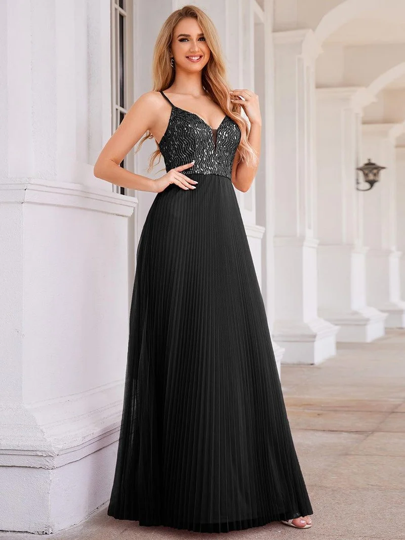 Robe de soirée en tulle à paillettes col en V sans manches dos nu taille haute(Vente finale)