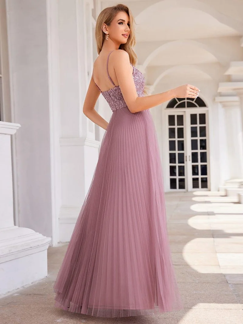 Robe de soirée en tulle à paillettes col en V sans manches dos nu taille haute(Vente finale)