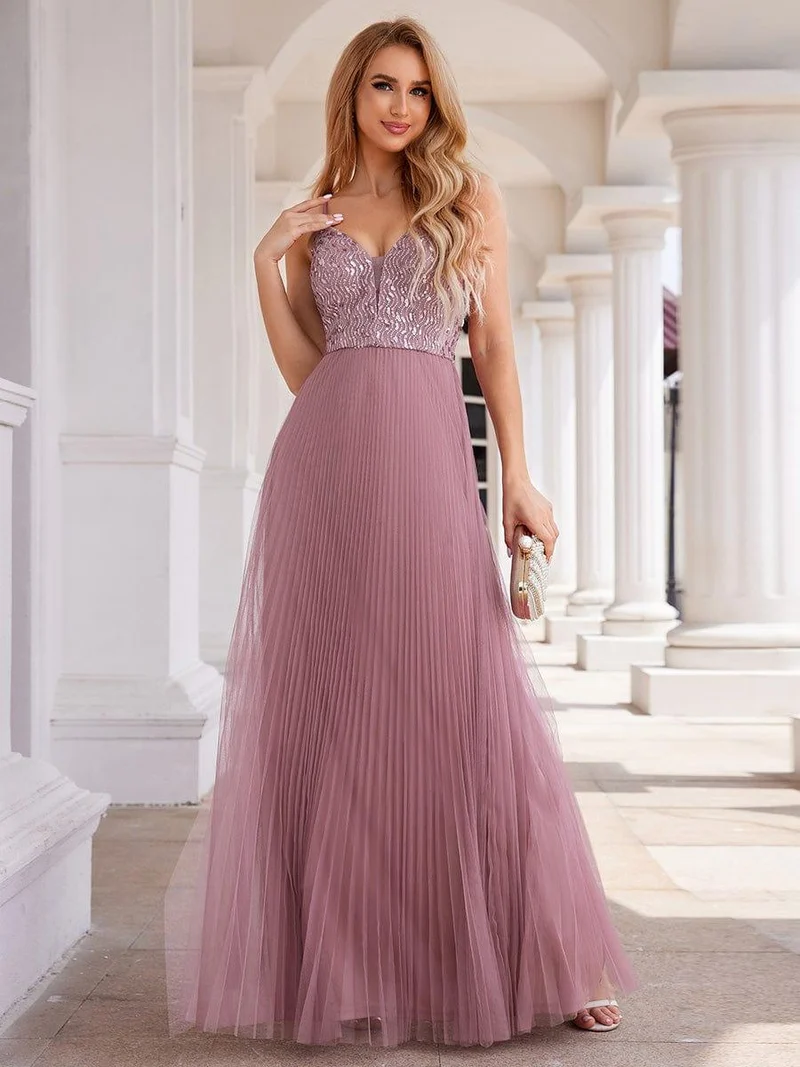 Robe de soirée en tulle à paillettes col en V sans manches dos nu taille haute(Vente finale)