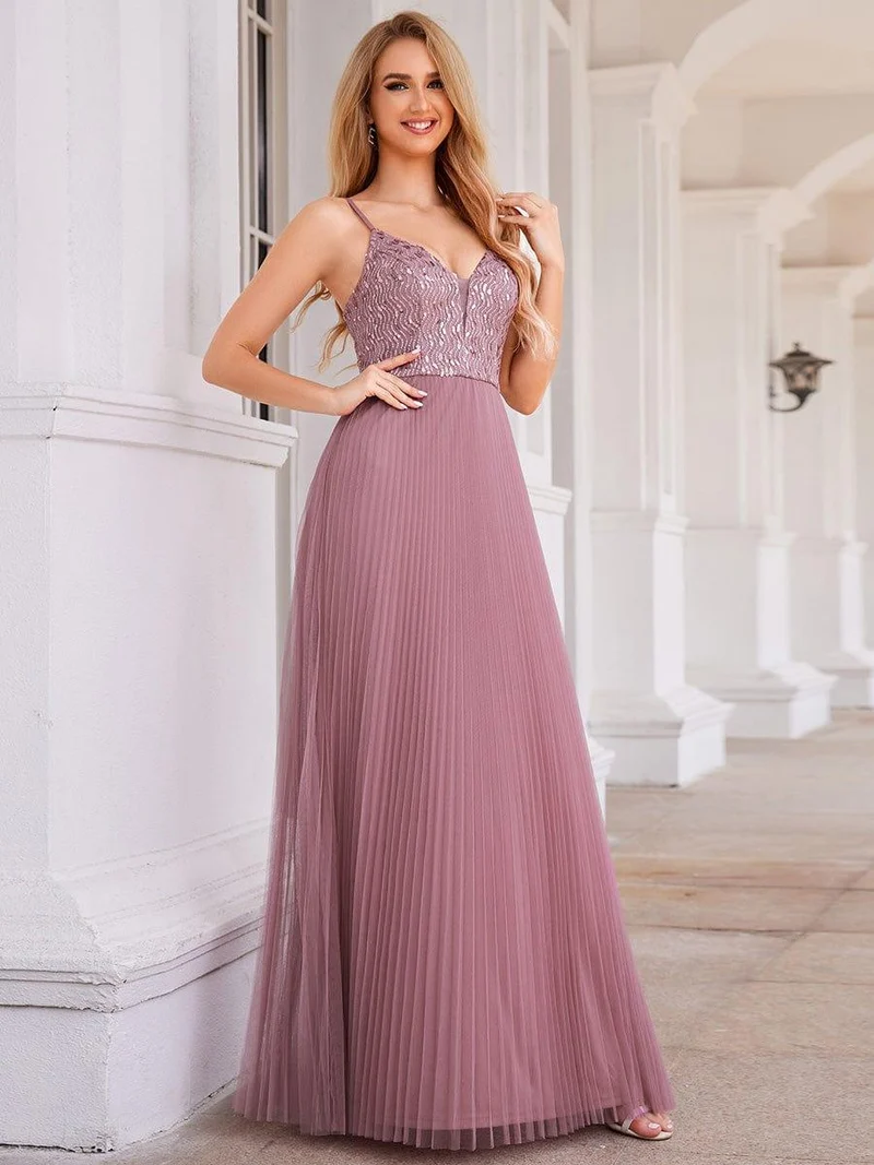 Robe de soirée en tulle à paillettes col en V sans manches dos nu taille haute(Vente finale)