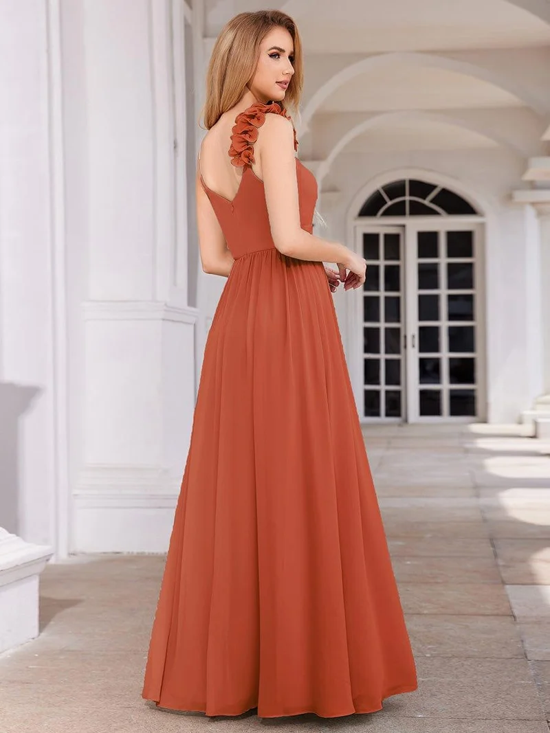 Robe de demoiselle d'honneur élégante en mousseline de soie col en V bretelles florales taille empire
