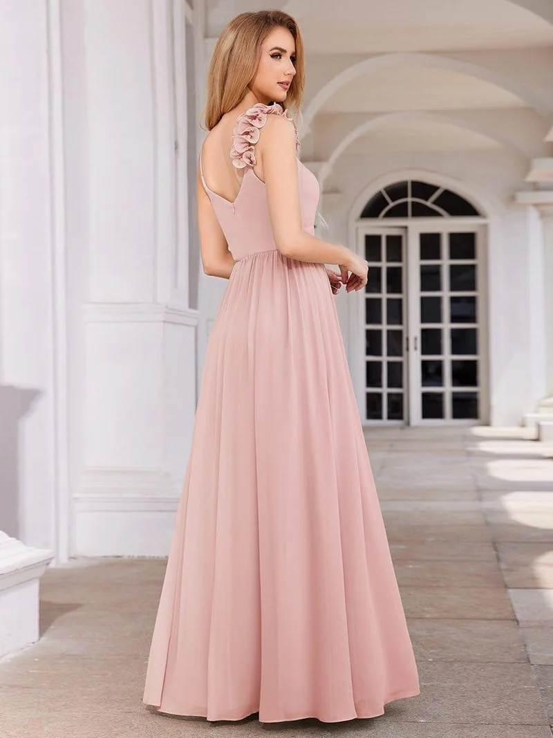 Robe de demoiselle d'honneur élégante en mousseline de soie col en V bretelles florales taille empire