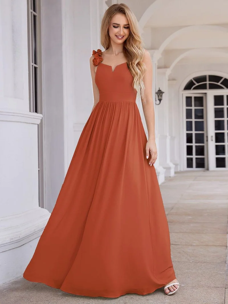Robe de demoiselle d'honneur élégante en mousseline de soie col en V bretelles florales taille empire