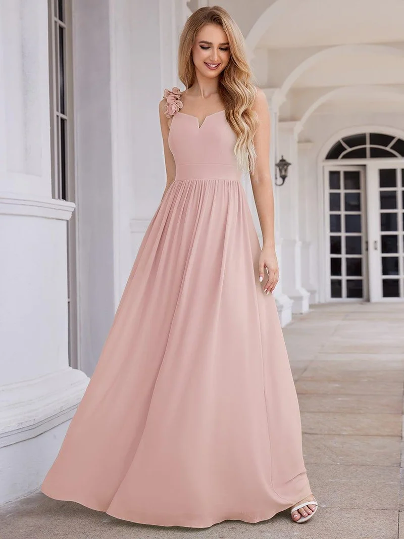 Robe de demoiselle d'honneur élégante en mousseline de soie col en V bretelles florales taille empire