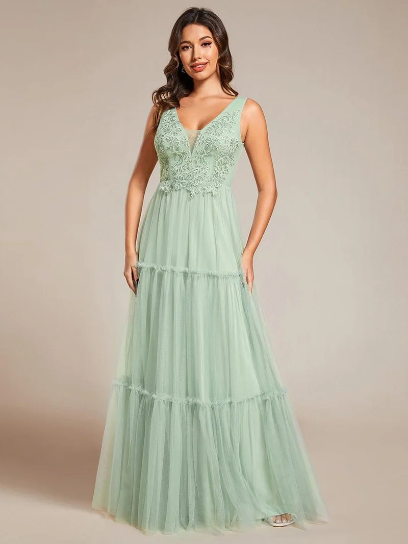 Robe de soirée en tulle transparent sans manches avec appliques(Vente Finale)