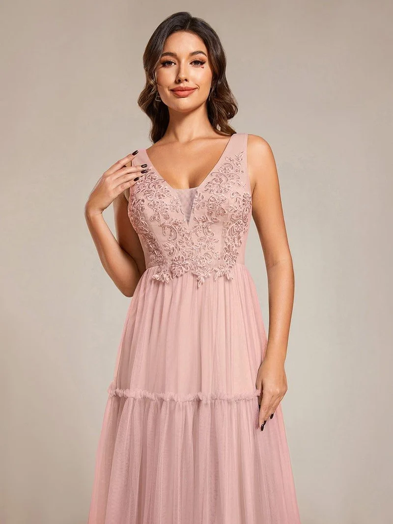 Robe de soirée en tulle transparent sans manches avec appliques(Vente Finale)
