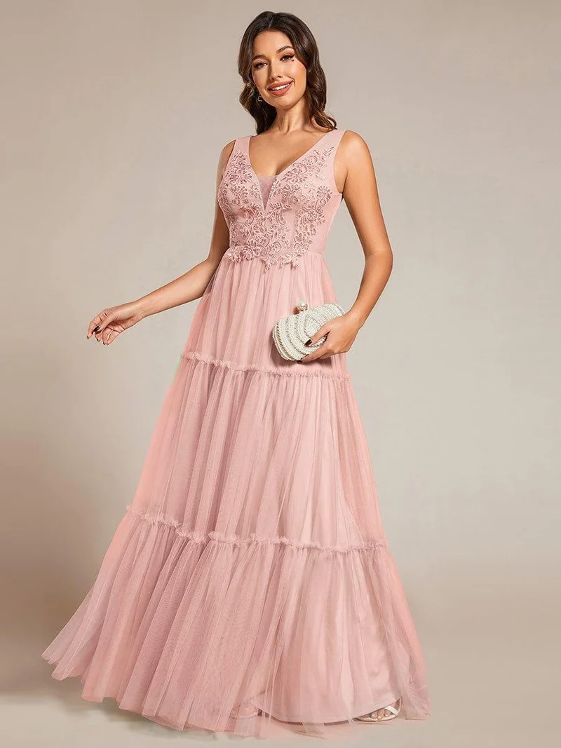Robe de soirée en tulle transparent sans manches avec appliques(Vente Finale)