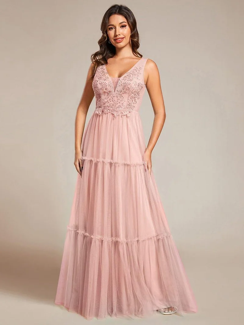 Robe de soirée en tulle transparent sans manches avec appliques(Vente Finale)
