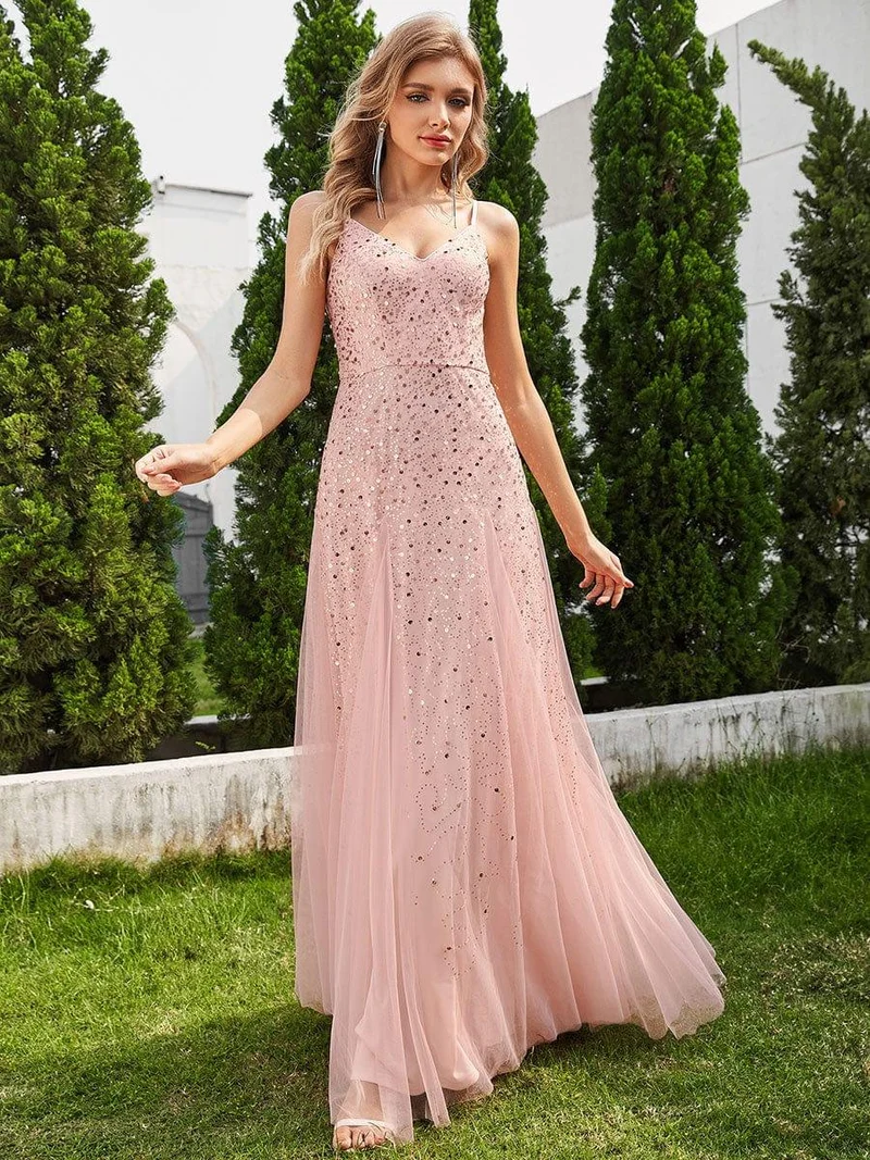 Robe de soirée sans manches en tulle à col en V et à paillettes avec taille empire(Vente finale)