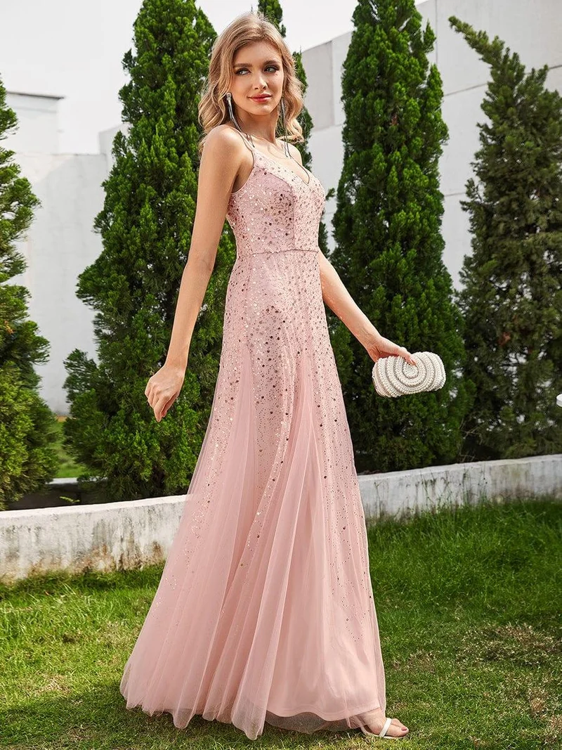 Robe de soirée sans manches en tulle à col en V et à paillettes avec taille empire(Vente finale)