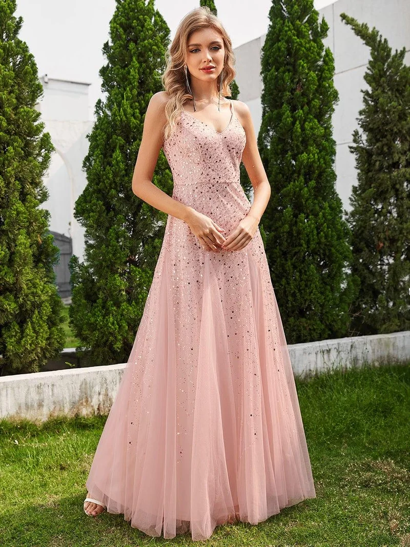 Robe de soirée sans manches en tulle à col en V et à paillettes avec taille empire(Vente finale)