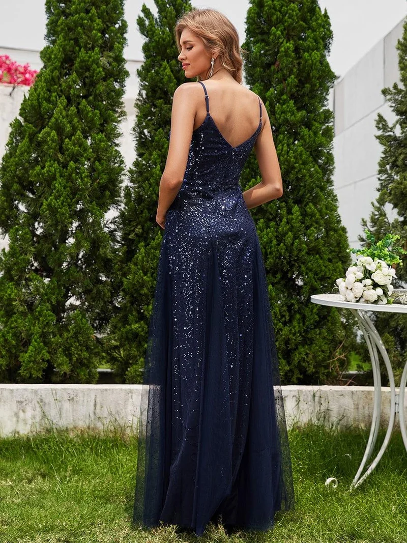 Robe de soirée sans manches en tulle à col en V et à paillettes avec taille empire(Vente finale)