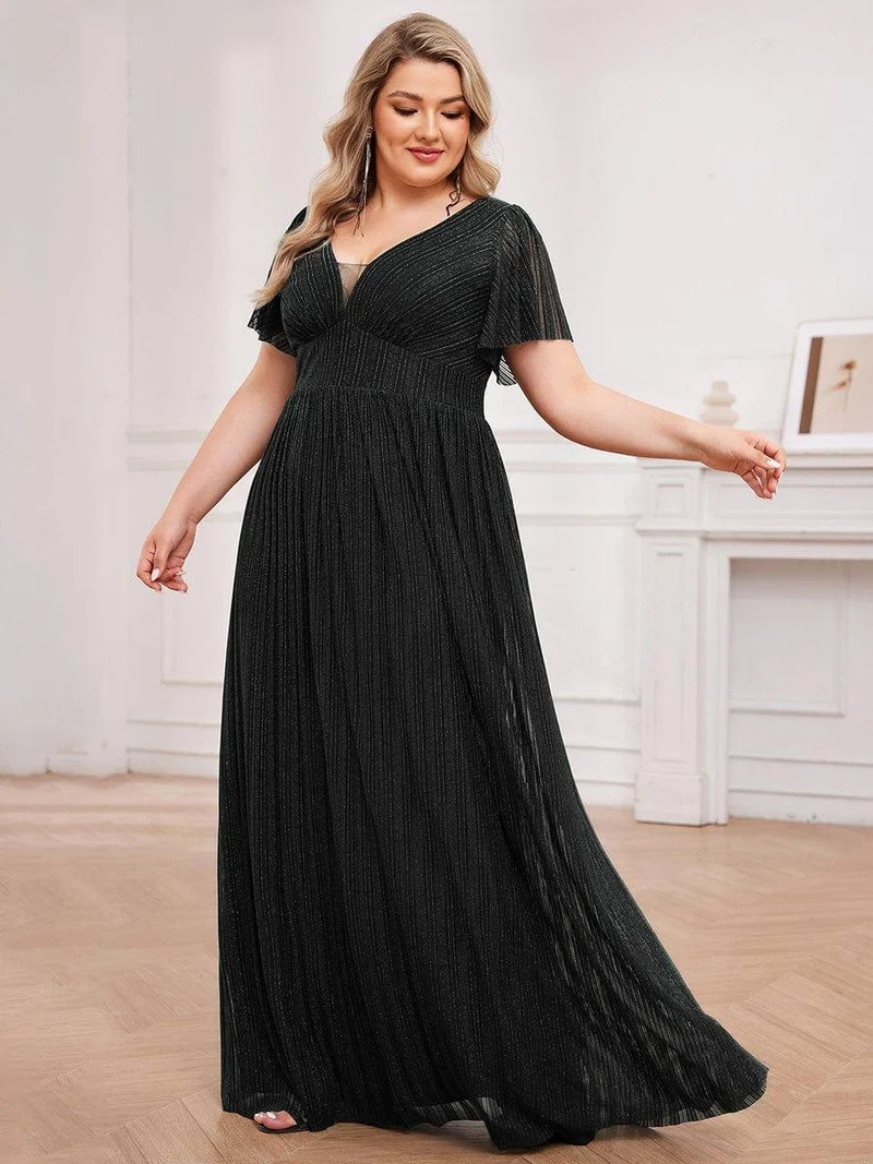 Robe de soirée transparente scintillante col en V taille empire manches courtes