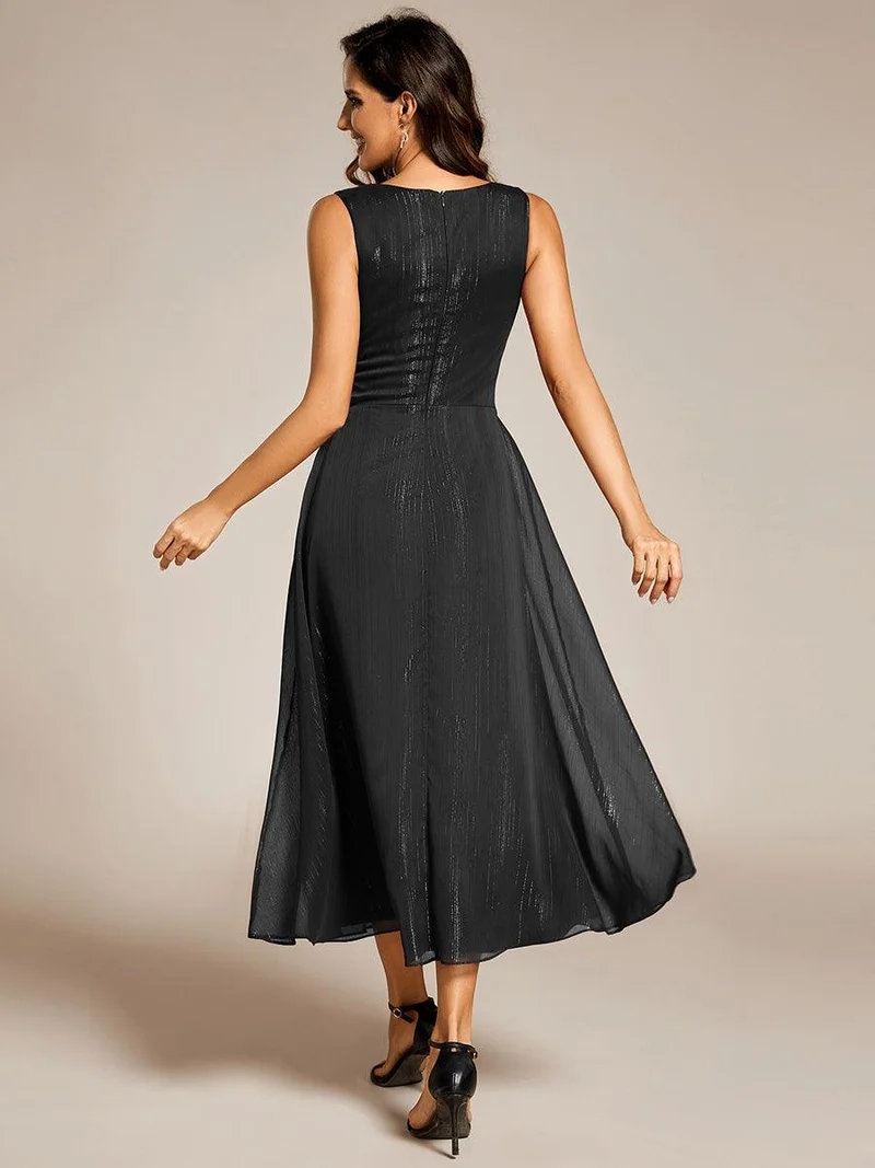 ever MEI|Robe d'invité de mariage scintillante sans manches avec nœud torsadé et ligne de feuille de lotus（(Vente finale)）