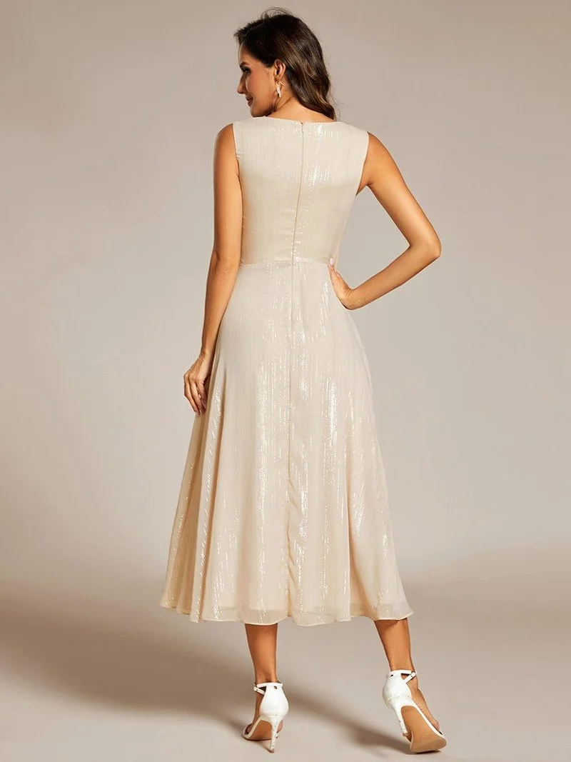 ever MEI|Robe d'invité de mariage scintillante sans manches avec nœud torsadé et ligne de feuille de lotus（(Vente finale)）