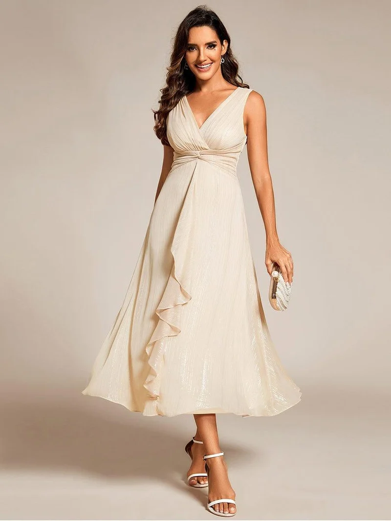 ever MEI|Robe d'invité de mariage scintillante sans manches avec nœud torsadé et ligne de feuille de lotus（(Vente finale)）